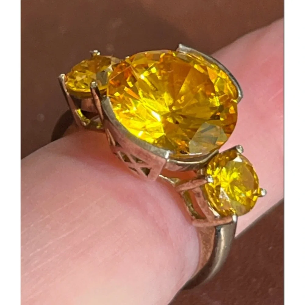 14K GOLD PLATED Sterling Silver Ring ROUND ORANGE CITRINE Three-Stone SIZE  7.5